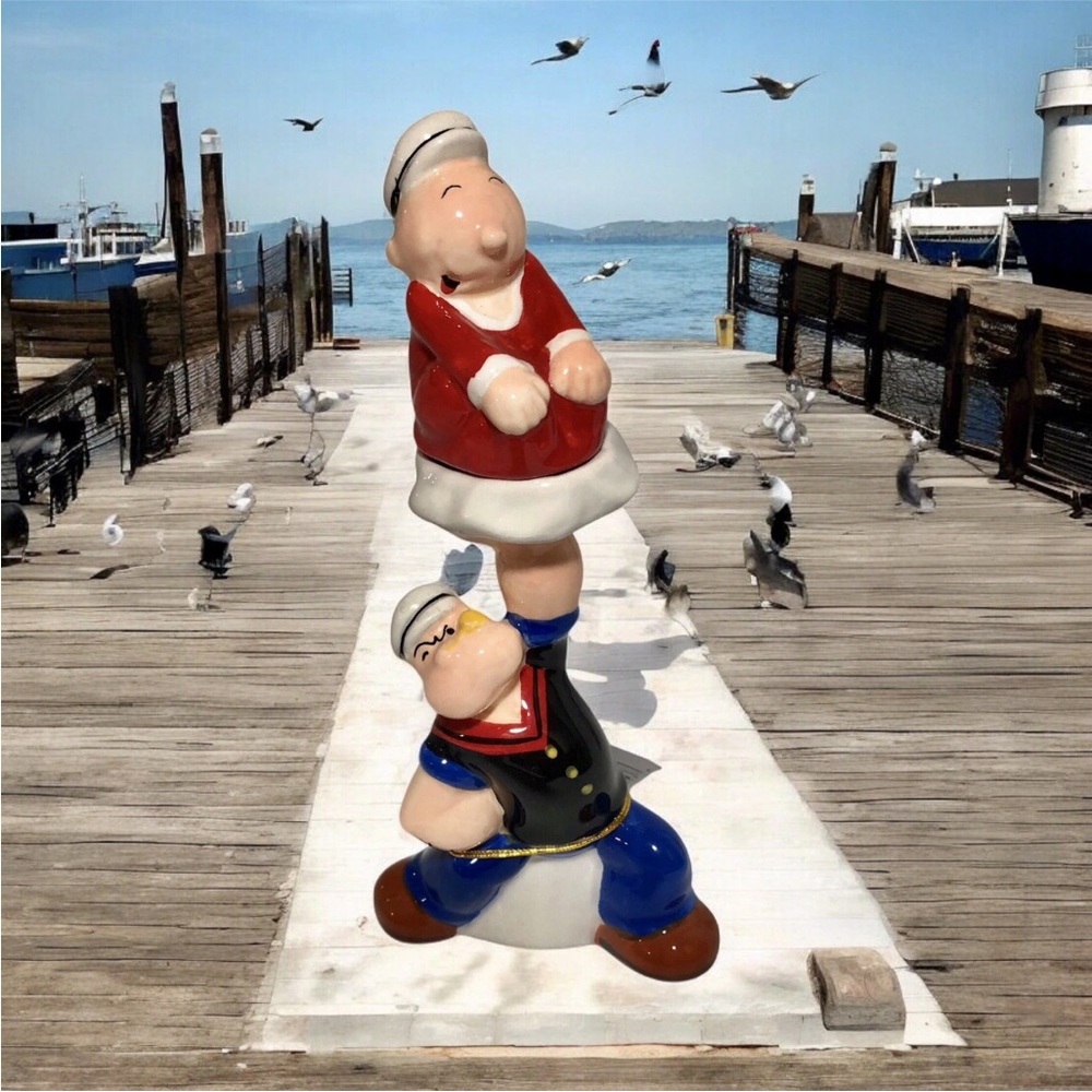 Vintage Popeye & Swee’ Pea Figural Salt Pepper Shakers Magnetic Ceramic Novelty
